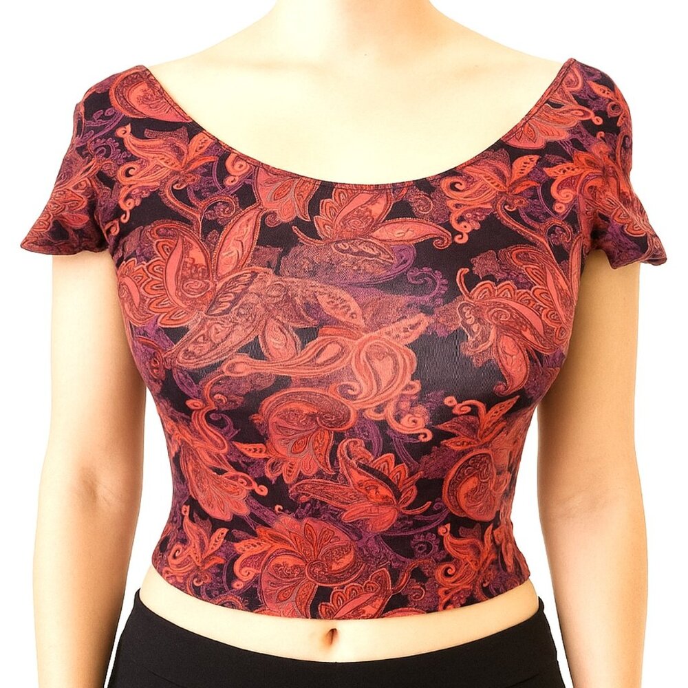 Womens Paisley Pink Crop Top Bodycon Boho Casual School T Shirt Ribbed Sz S